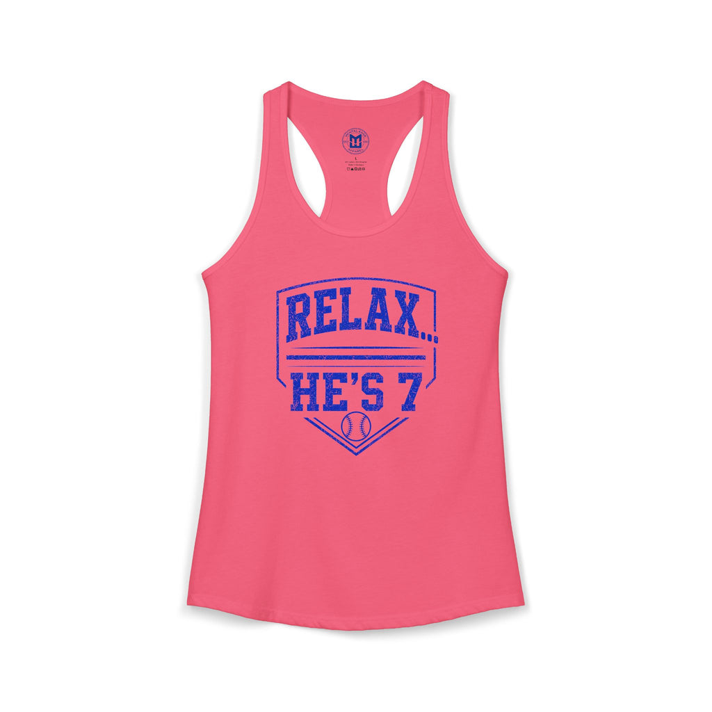 Relax He's 7 Baseball Mom Racerback Tank - Blue