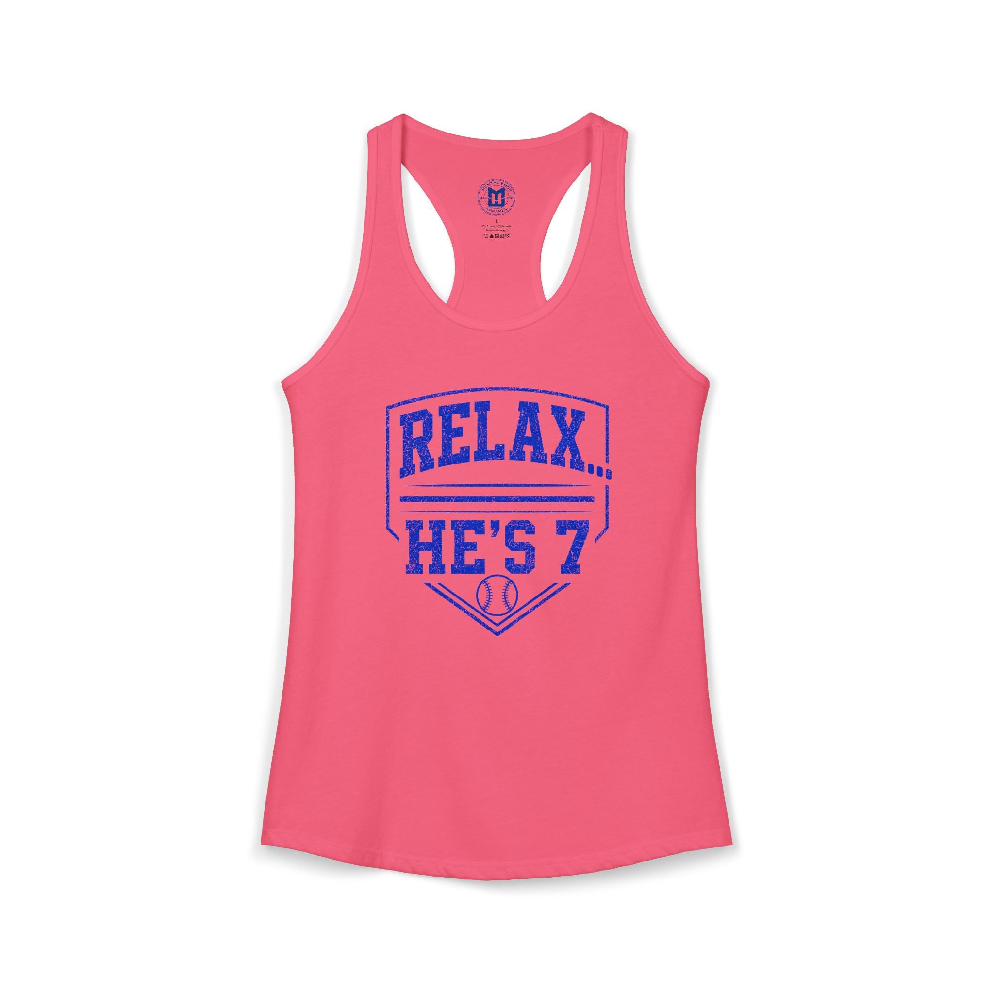 Relax He's 7 Baseball Mom Racerback Tank - Blue