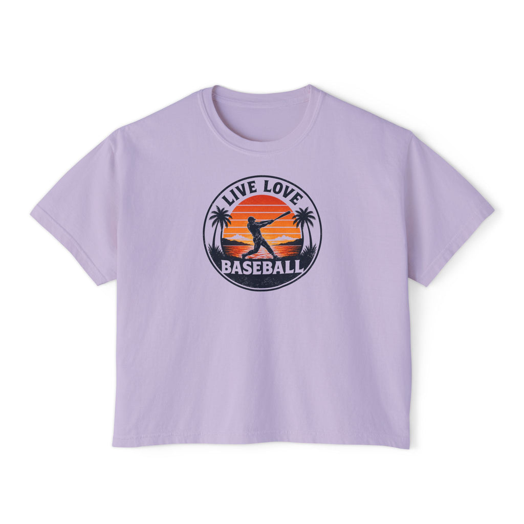 Live Love Baseball Women's Boxy Tee – Retro Sunset Palm Baseball Shirt