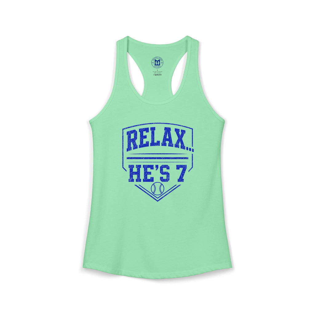 Relax He's 7 Baseball Mom Racerback Tank - Blue