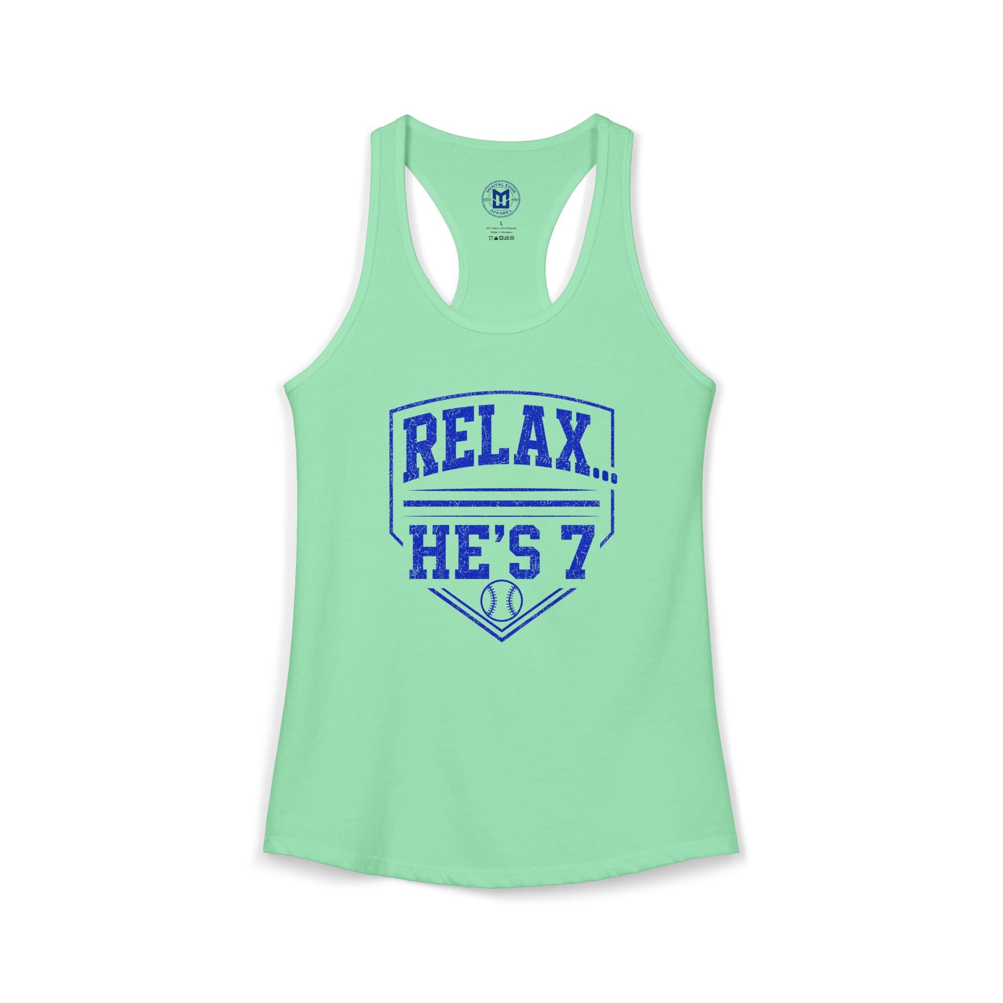 Relax He's 7 Baseball Mom Racerback Tank - Blue