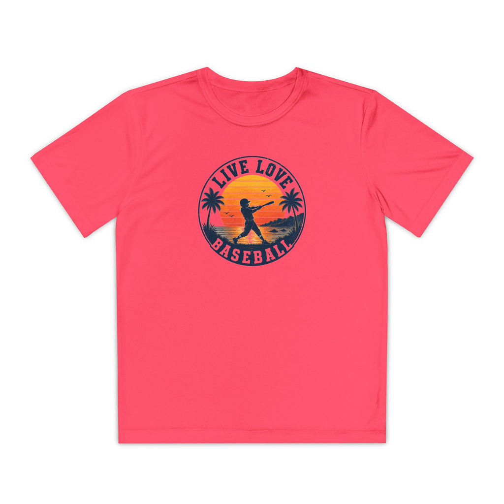Live Love Baseball Youth Dri Fit Tee — Sunset Palm Baseball Player Shirt