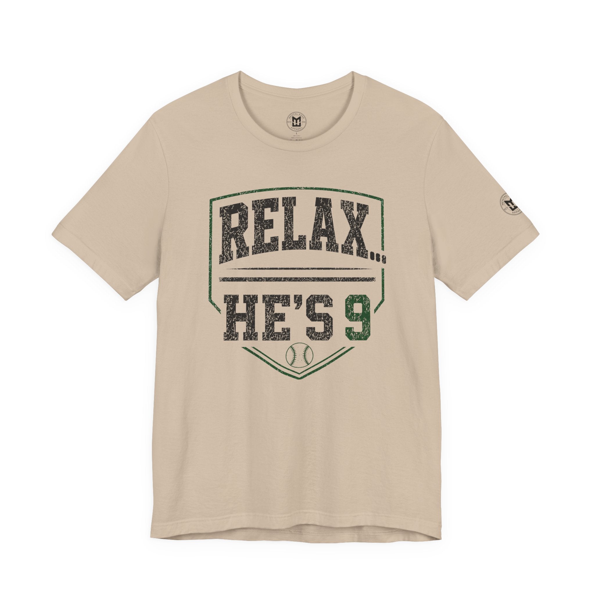 Relax He’s 9 Baseball Parent Tee — Hunter Green