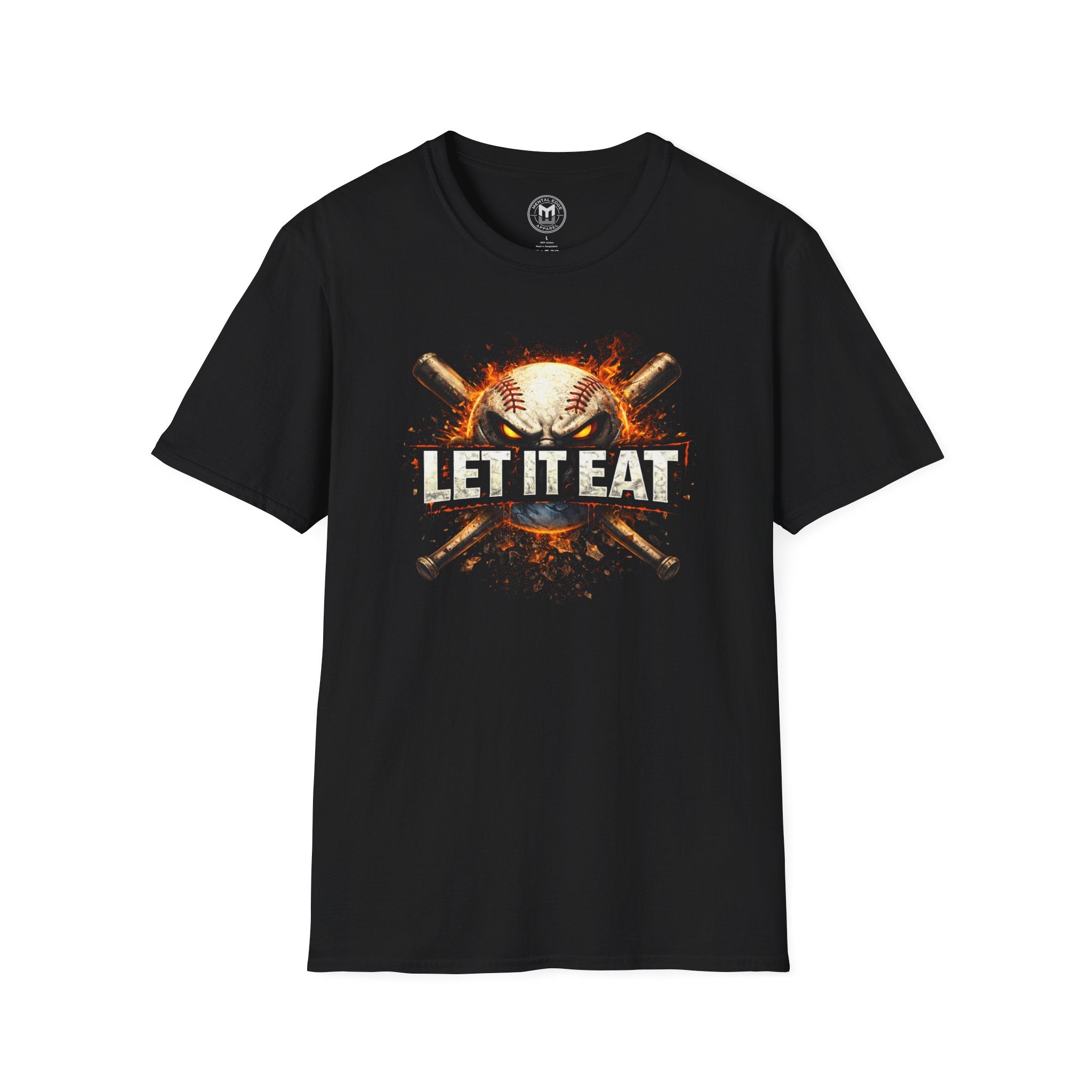Let It Eat Graphic T-Shirt — Fiery Baseball Skull Design