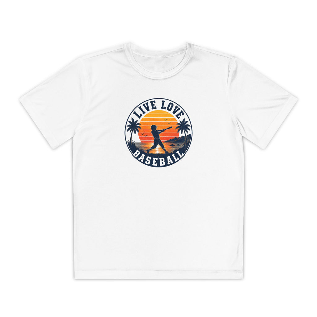 Live Love Baseball Youth Dri Fit Tee — Sunset Palm Baseball Player Shirt