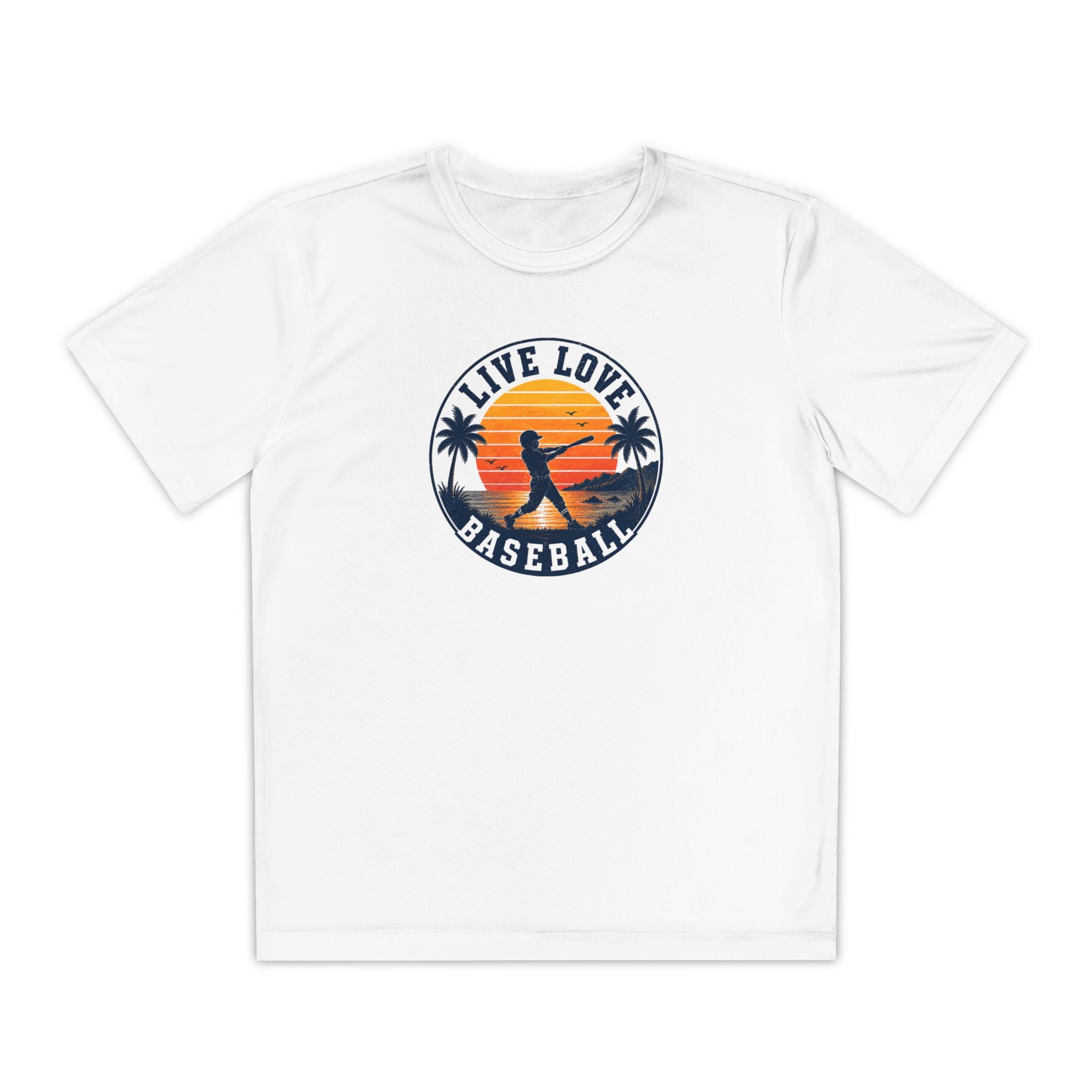 Live Love Baseball Youth Dri Fit Tee — Sunset Palm Baseball Player Shirt