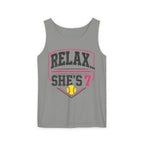 "Relax... She's 7" Softball Tank Top — Graphic Tank