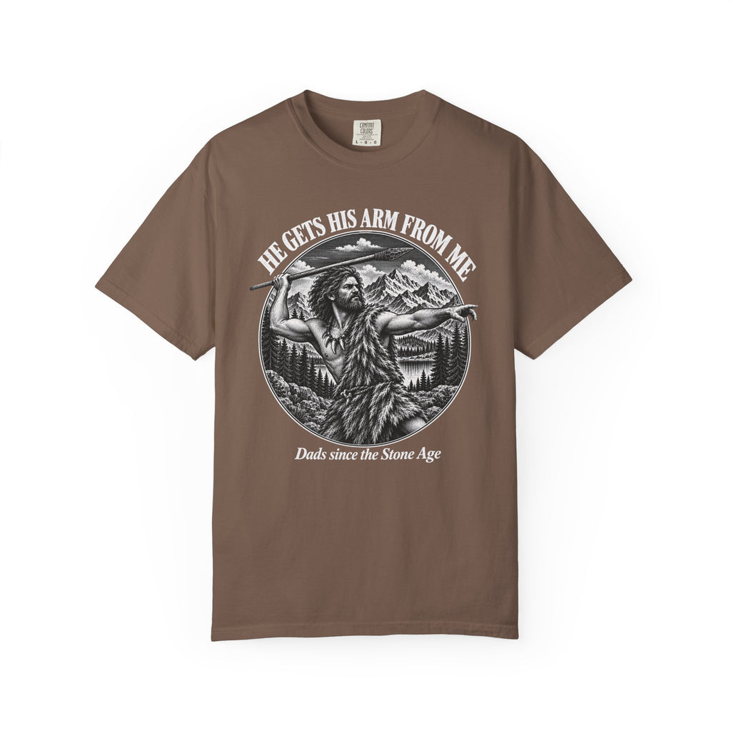He Gets His Arm From Me Caveman Adult T-Shirt