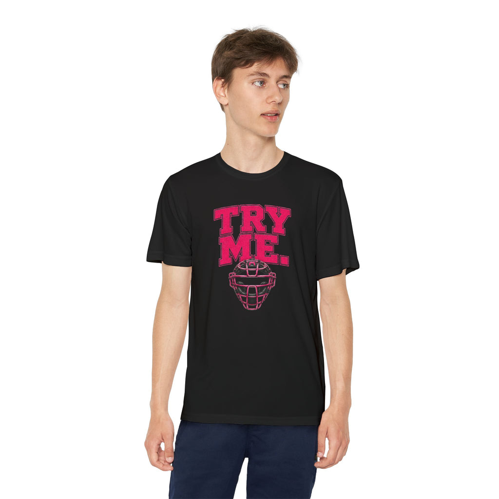 Try Me Youth Baseball Dri-Fit Tee – Catcher Mask Graphic