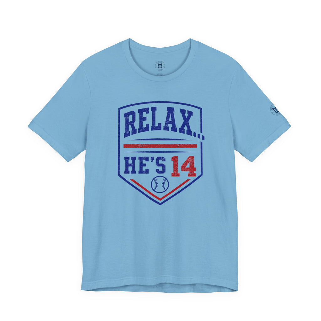 Relax He's 14 Baseball Parent Tee – Royal Blue & Red
