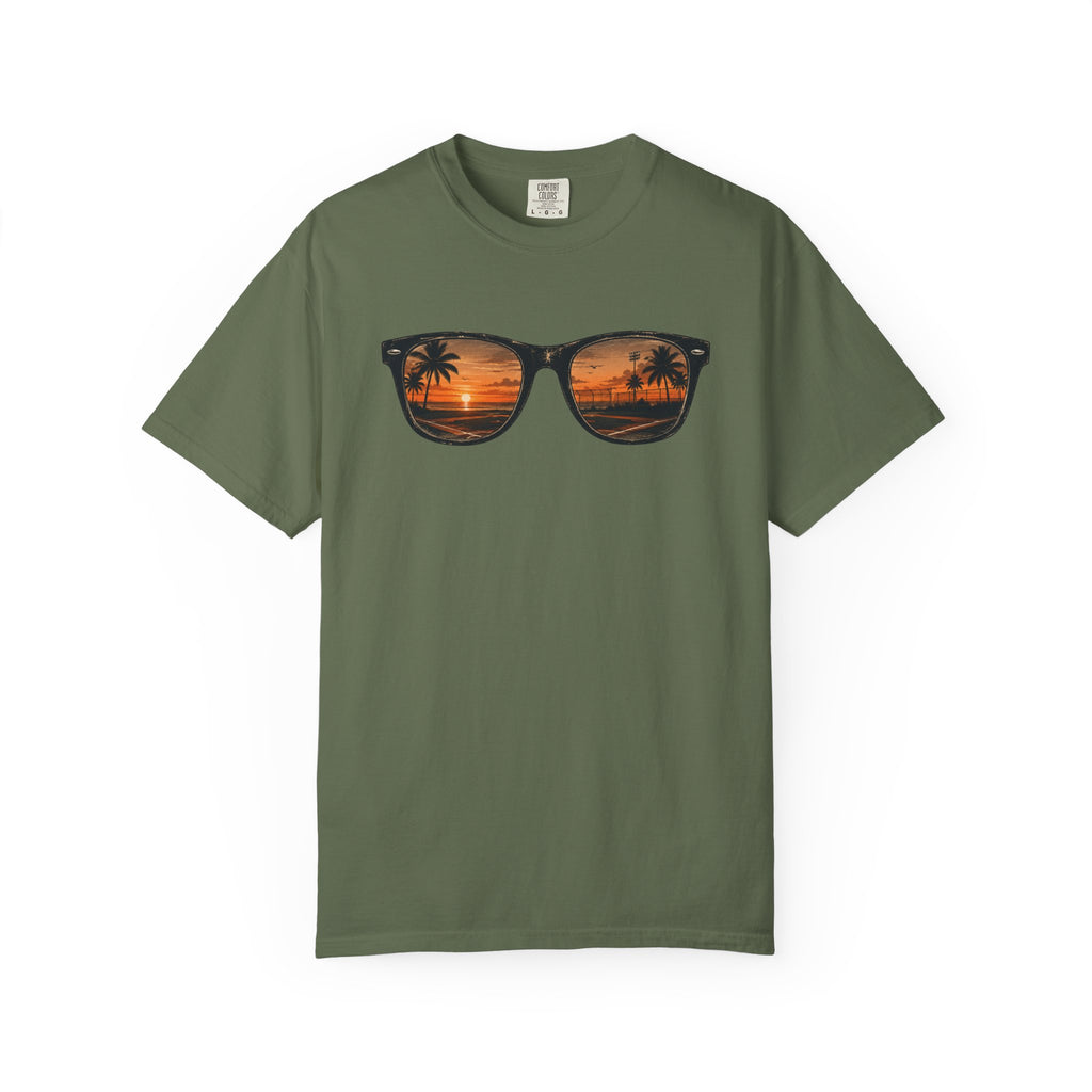 Sunset Sunglasses Baseball T-Shirt — Tropical Beach Reflection Tee