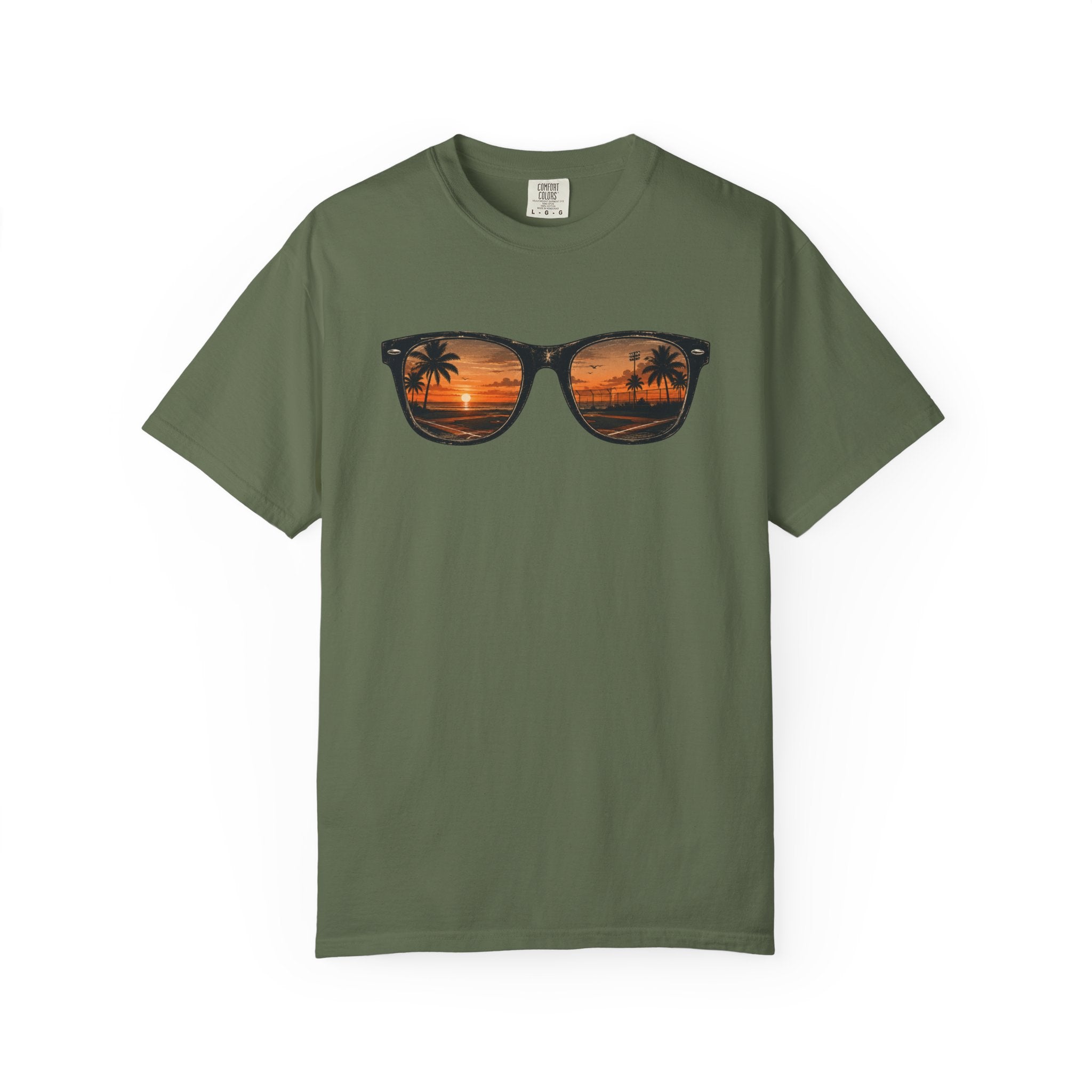 Sunset Sunglasses Baseball T-Shirt — Tropical Beach Reflection Tee