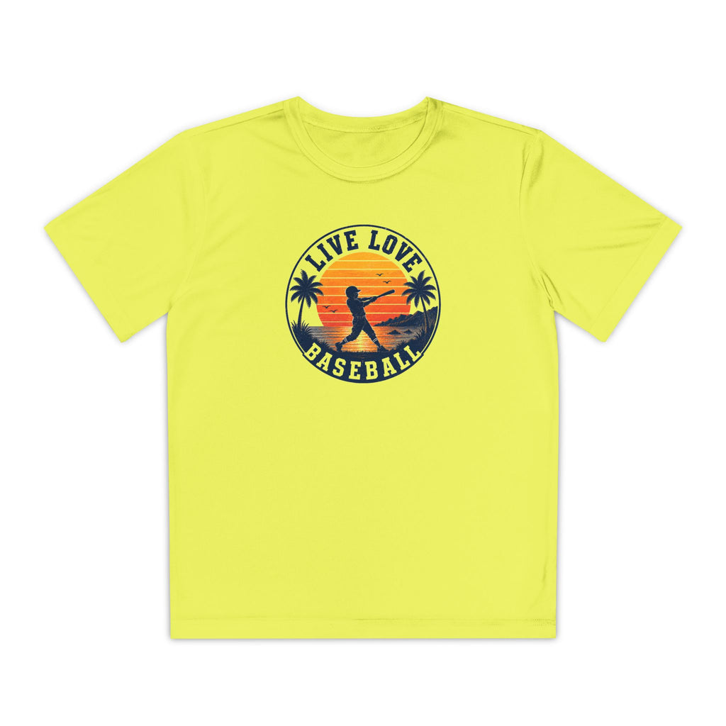 Live Love Baseball Youth Dri Fit Tee — Sunset Palm Baseball Player Shirt