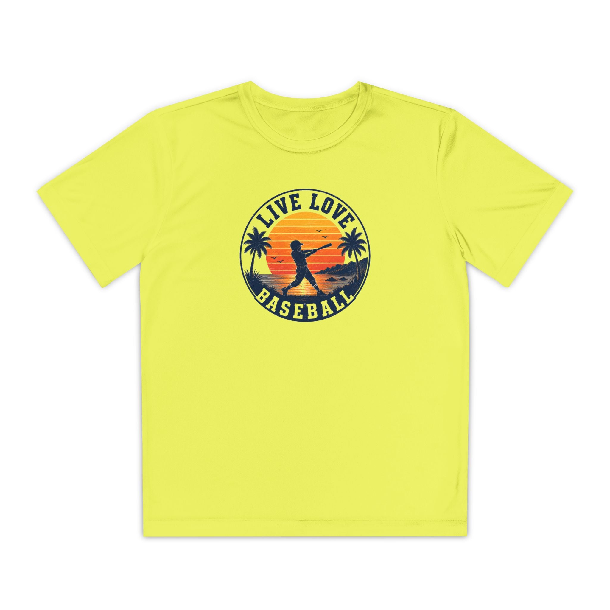 Live Love Baseball Youth Dri Fit Tee — Sunset Palm Baseball Player Shirt