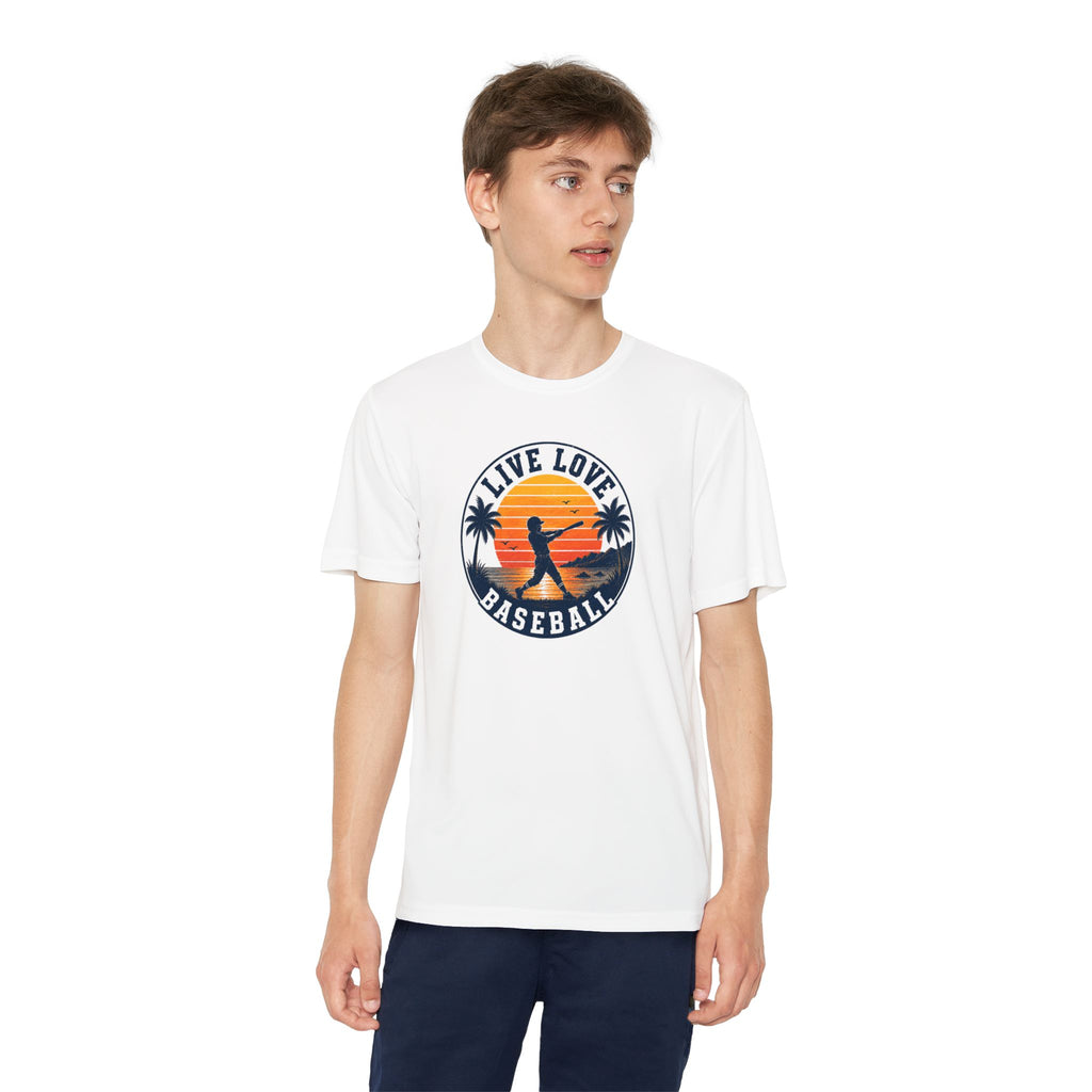 Live Love Baseball Youth Dri Fit Tee — Sunset Palm Baseball Player Shirt