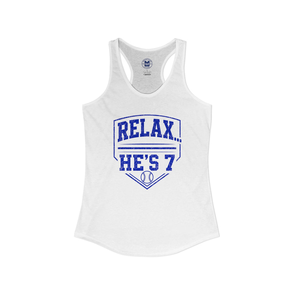 Relax He's 7 Baseball Mom Racerback Tank - Blue