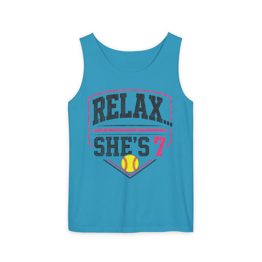 "Relax... She's 7" Softball Tank Top — Graphic Tank