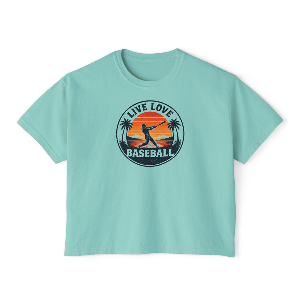 Live Love Baseball Women's Boxy Tee – Retro Sunset Palm Baseball Shirt