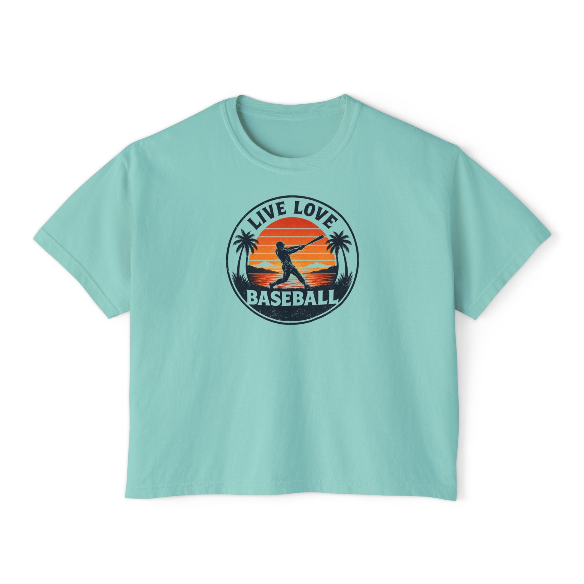 Live Love Baseball Women's Boxy Tee – Retro Sunset Palm Baseball Shirt