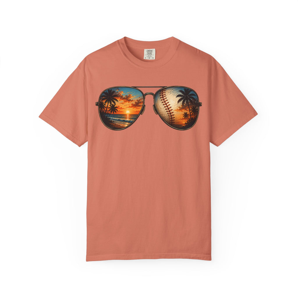 Sunglass Sunset Baseball T-Shirt — Beach & Sports Graphic Tee