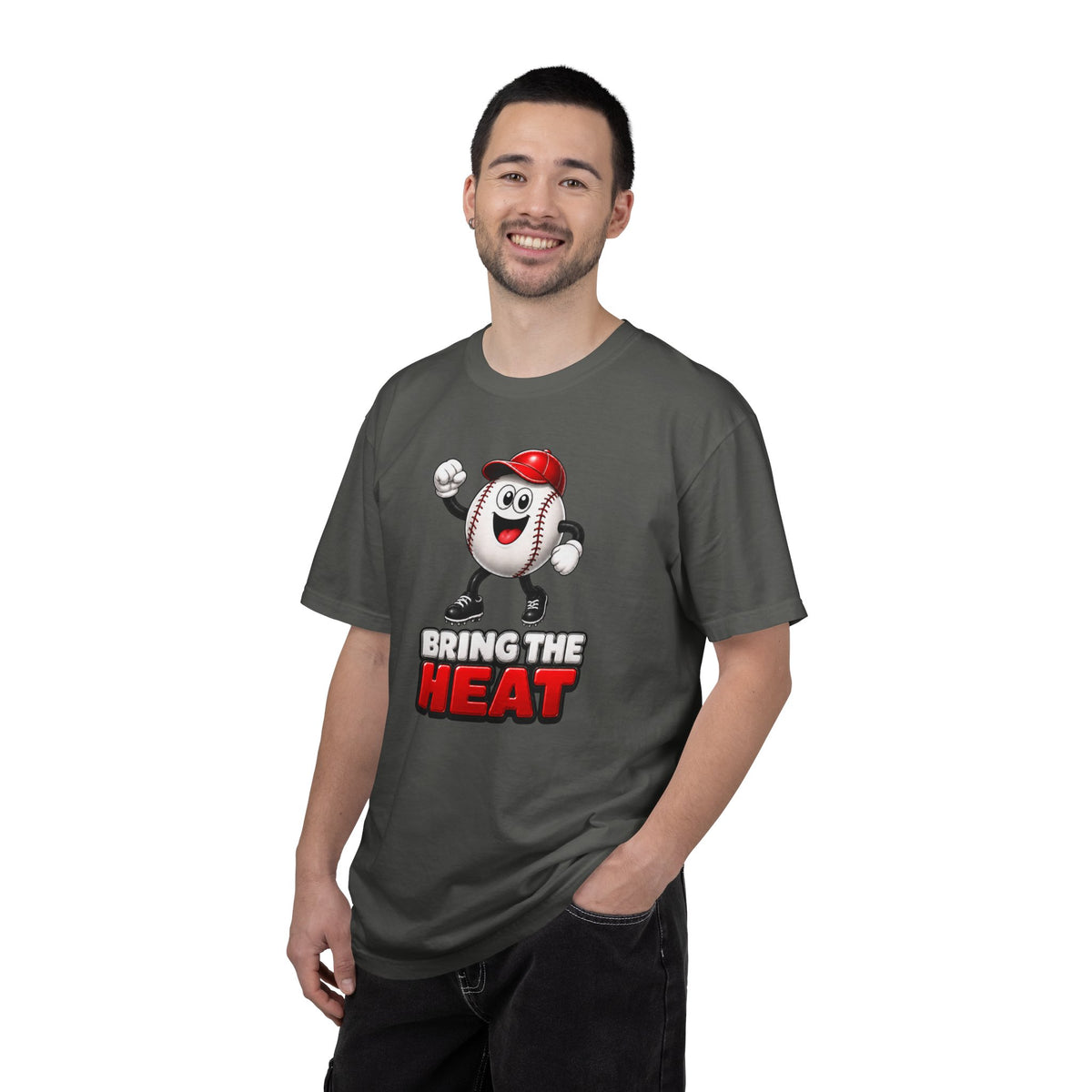 Adult Heater "Bring The Heat" Baseball T-Shirt — Unisex Comfort Colors Cartoon Ball Mascot Tee