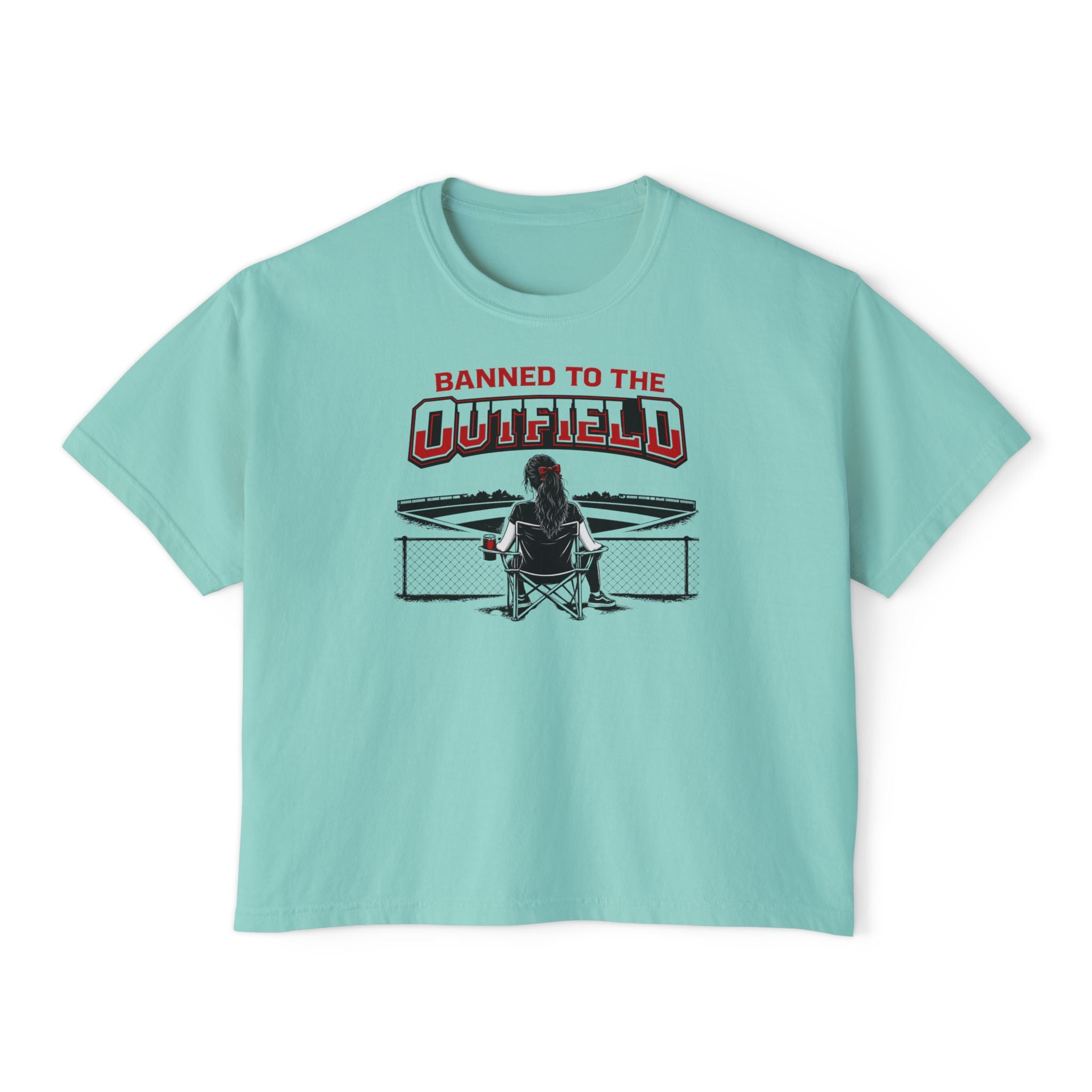 Banned to the Outfield Women's Boxy Tee – Baseball Mom/Fan Graphic Shirt