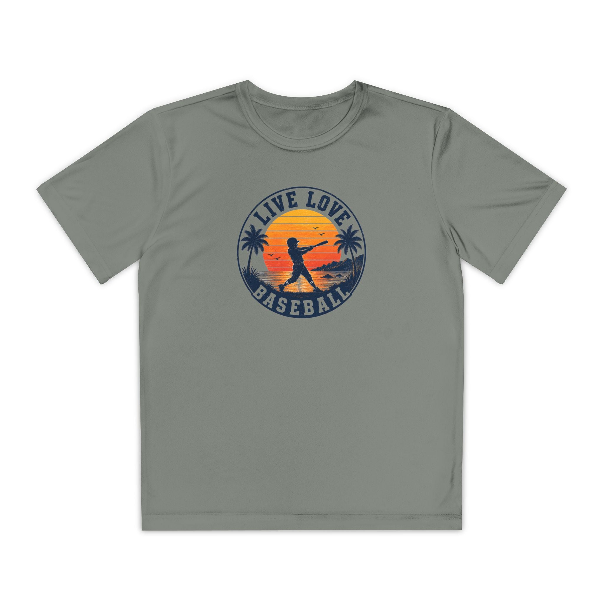 Live Love Baseball Youth Dri Fit Tee — Sunset Palm Baseball Player Shirt