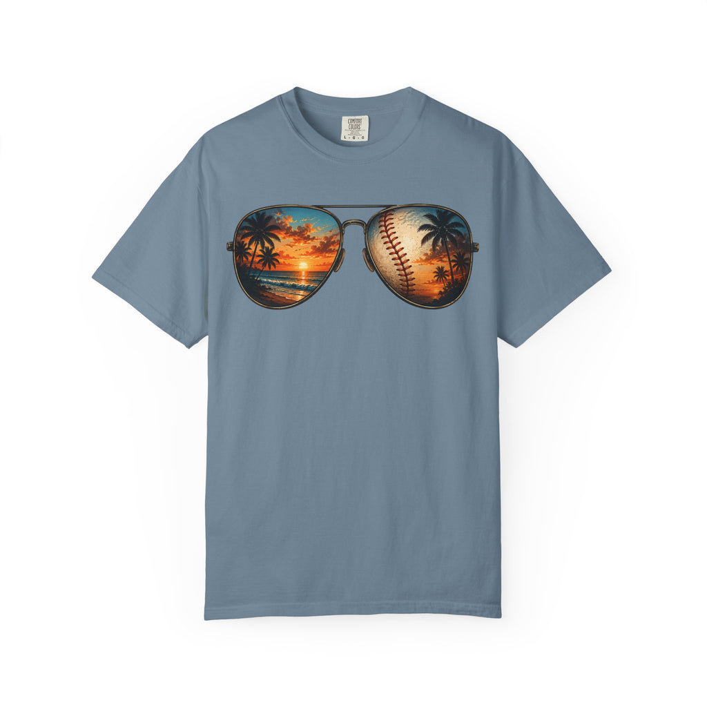 Sunglass Sunset Baseball T-Shirt — Beach & Sports Graphic Tee