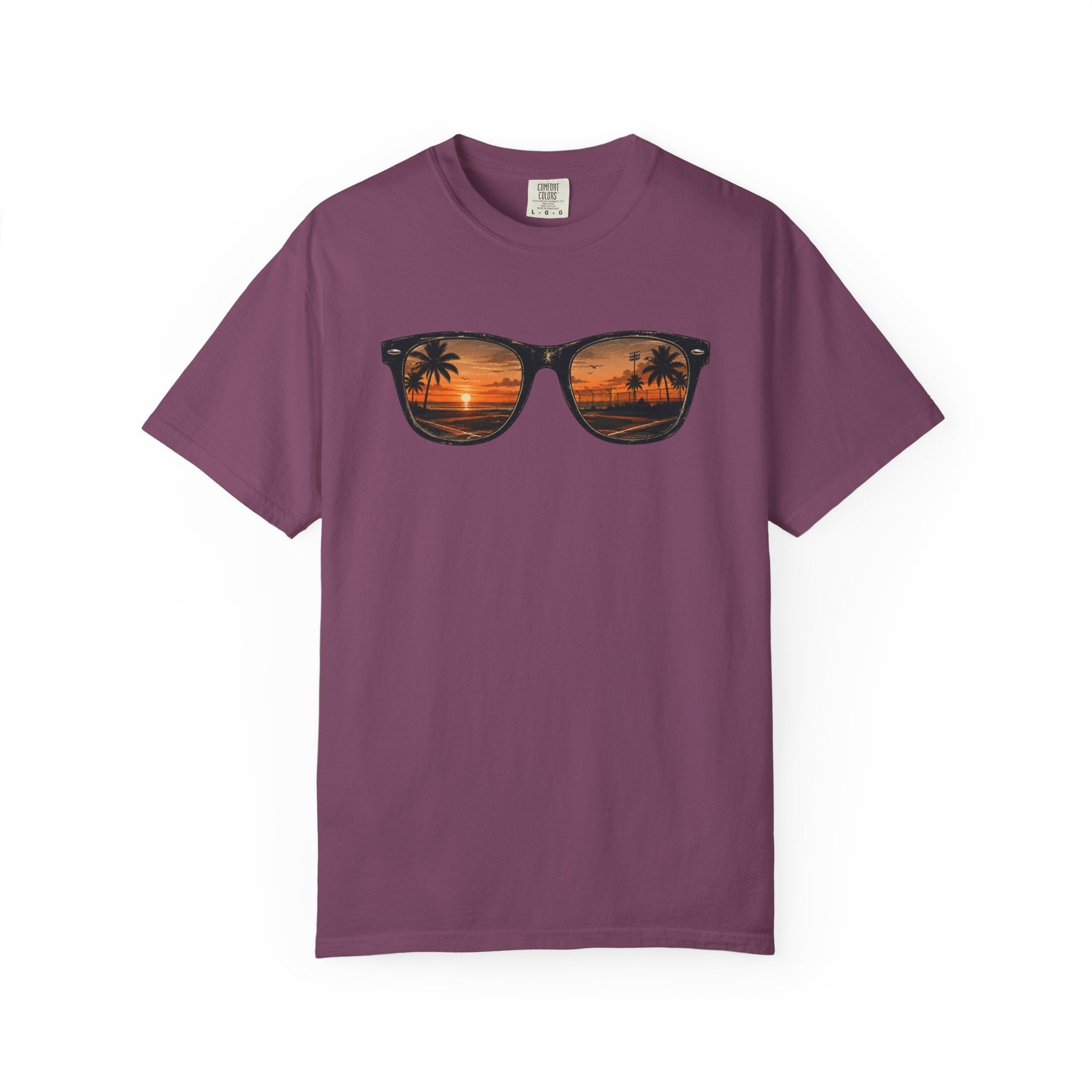 Sunset Sunglasses Baseball T-Shirt — Tropical Beach Reflection Tee