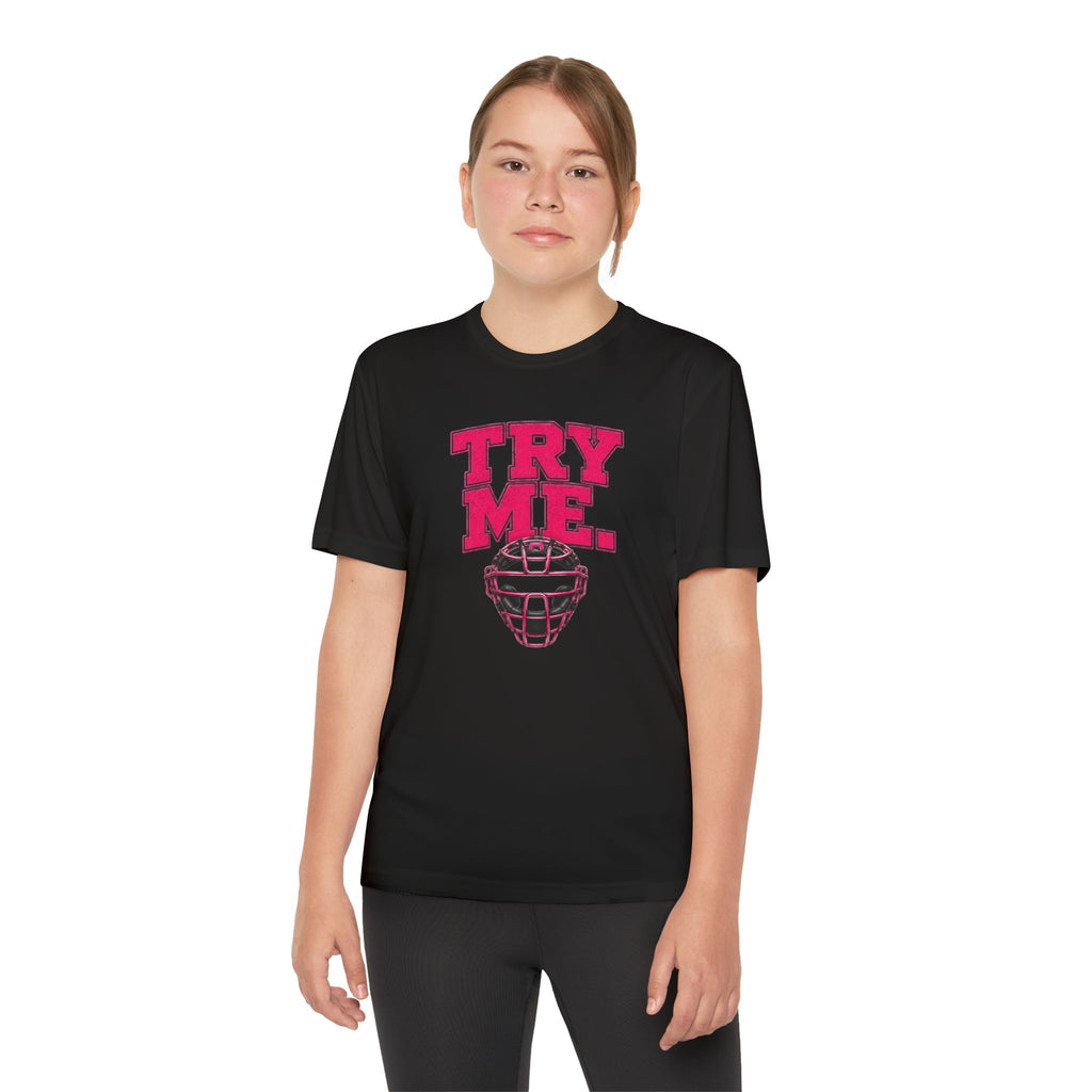Try Me Youth Baseball Dri-Fit Tee – Catcher Mask Graphic