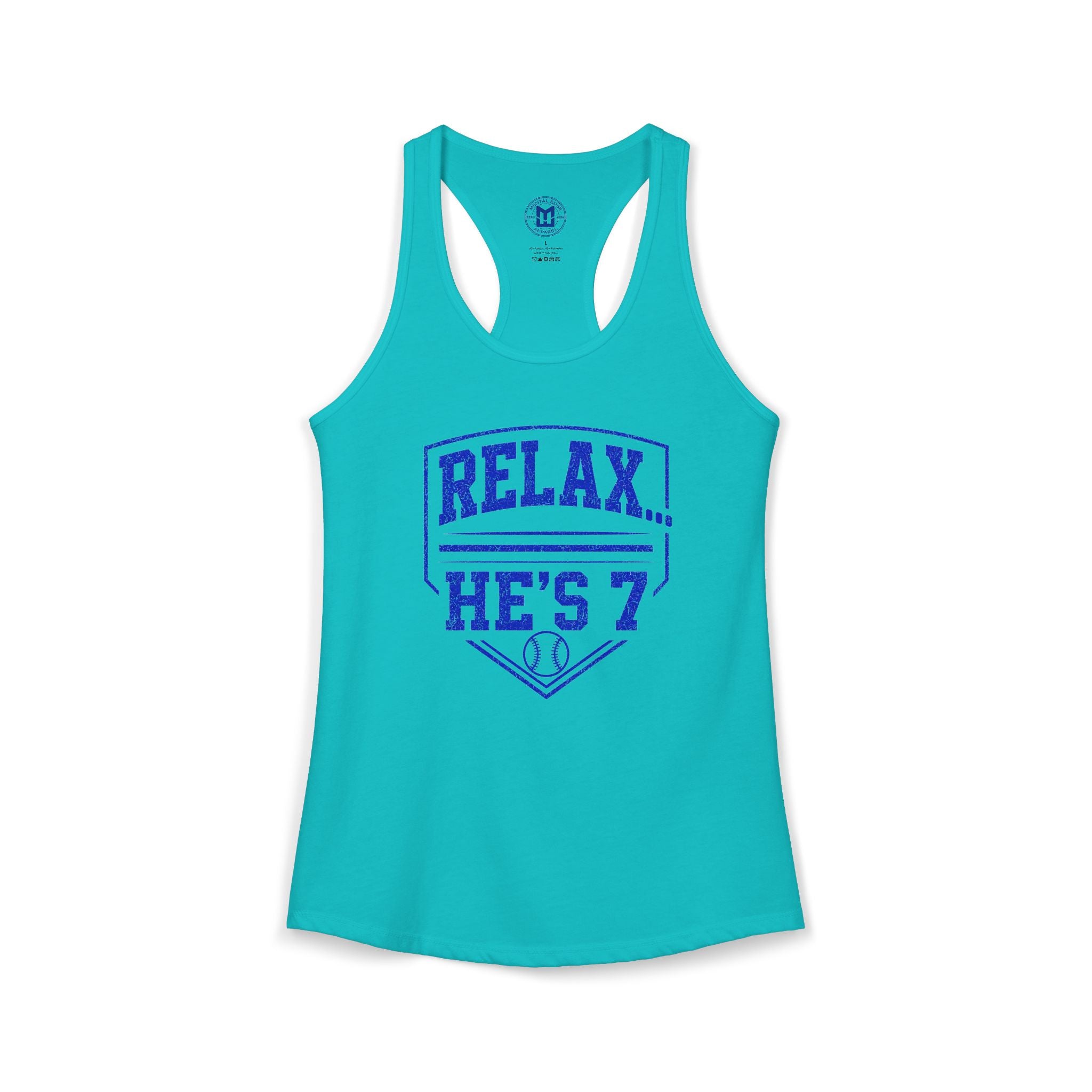 Relax He's 7 Baseball Mom Racerback Tank - Blue