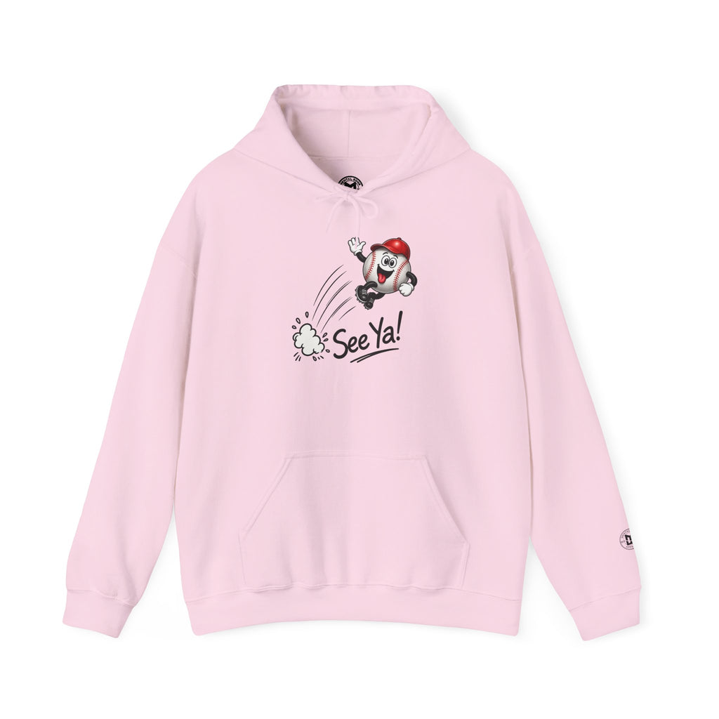See Ya! Baseball Heater Character Hoodie — Retro Baseball Graphic Pullover