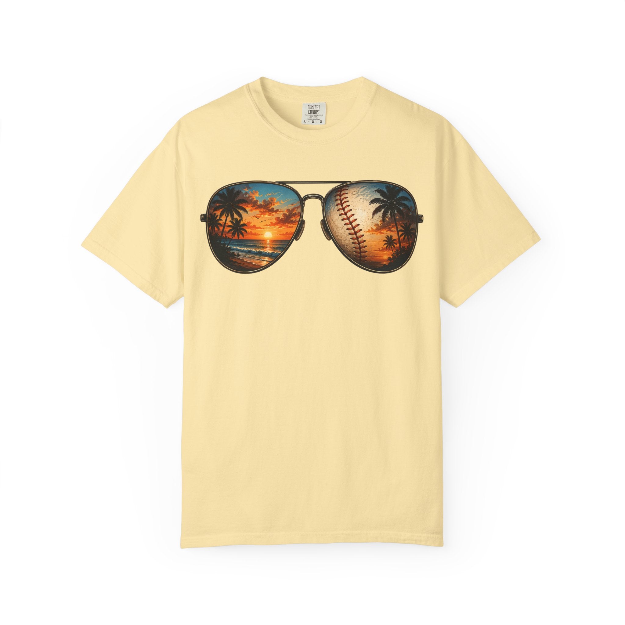 Sunglass Sunset Baseball T-Shirt — Beach & Sports Graphic Tee