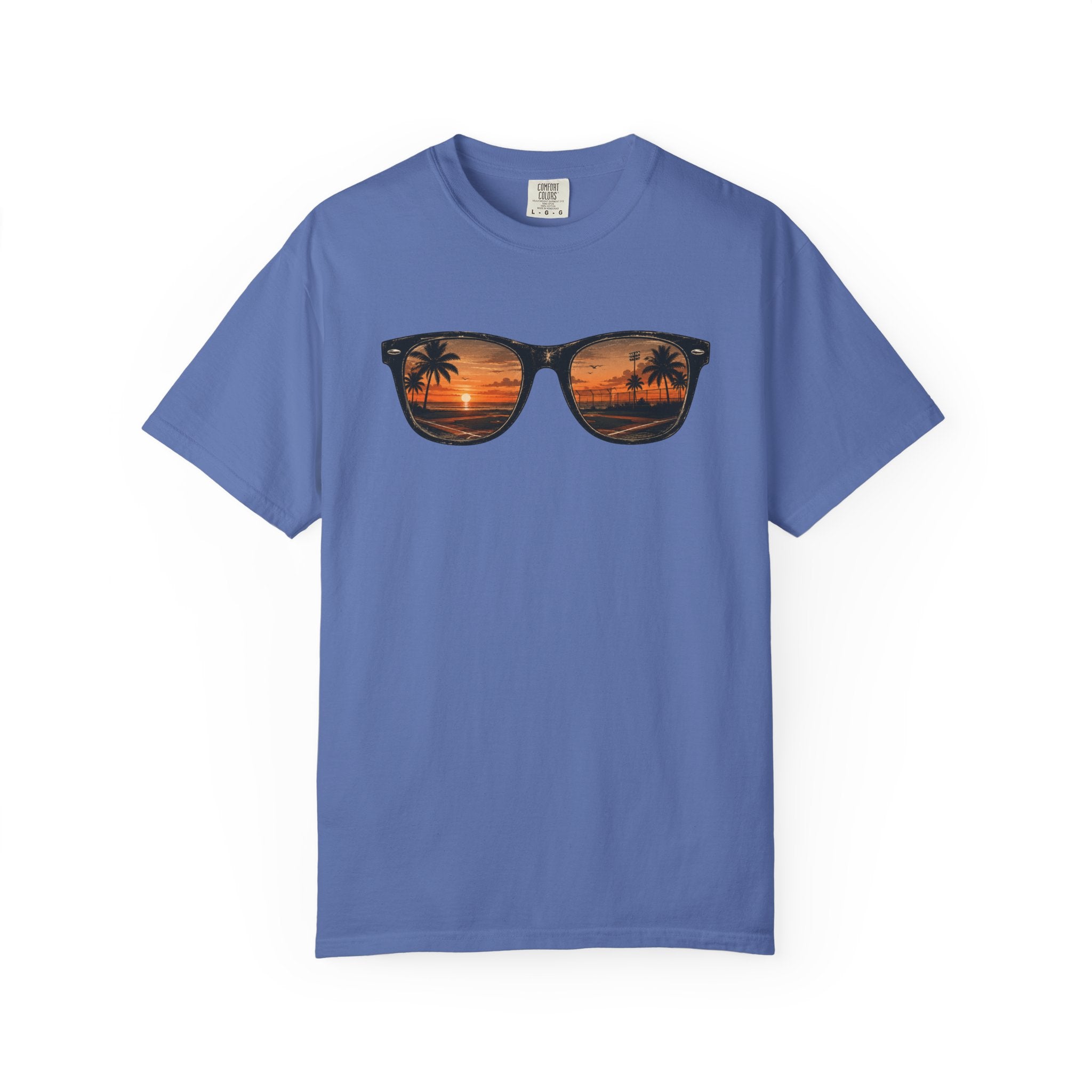 Sunset Sunglasses Baseball T-Shirt — Tropical Beach Reflection Tee