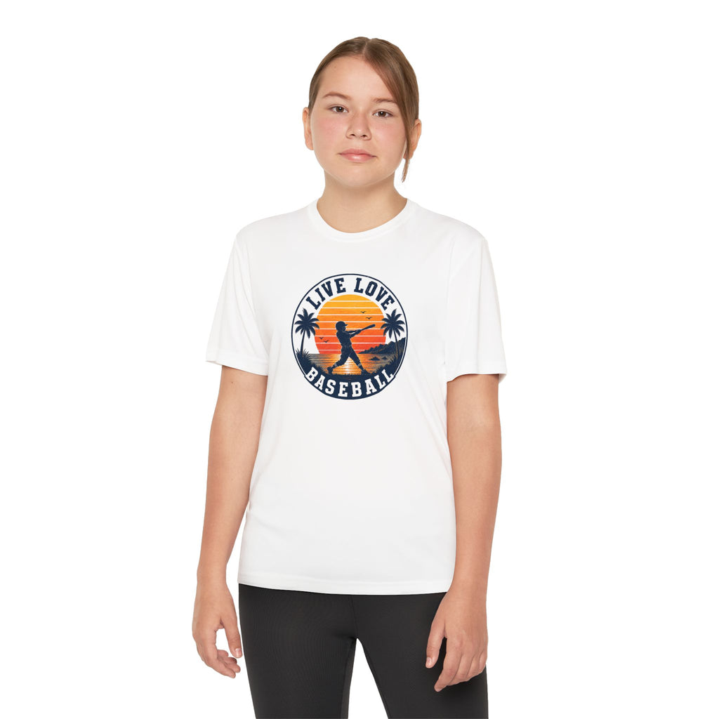 Live Love Baseball Youth Dri Fit Tee — Sunset Palm Baseball Player Shirt