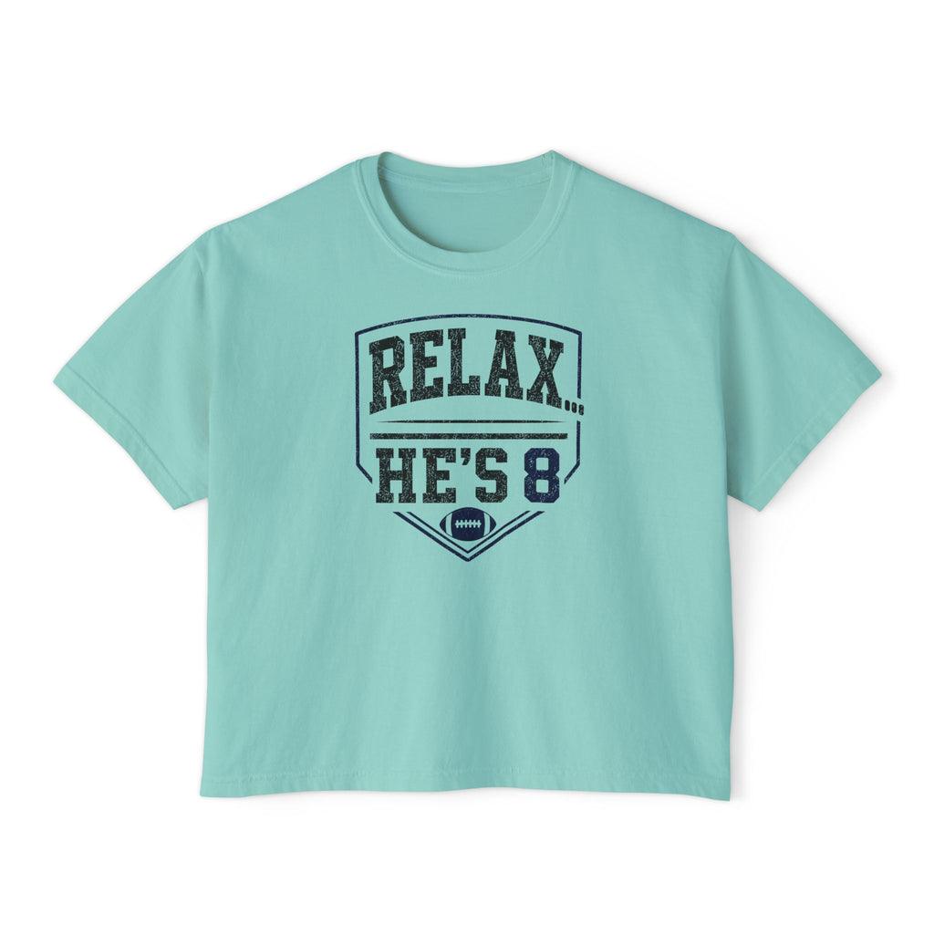Relax… He’s 8 Boxy Tee Football Mom Shirt