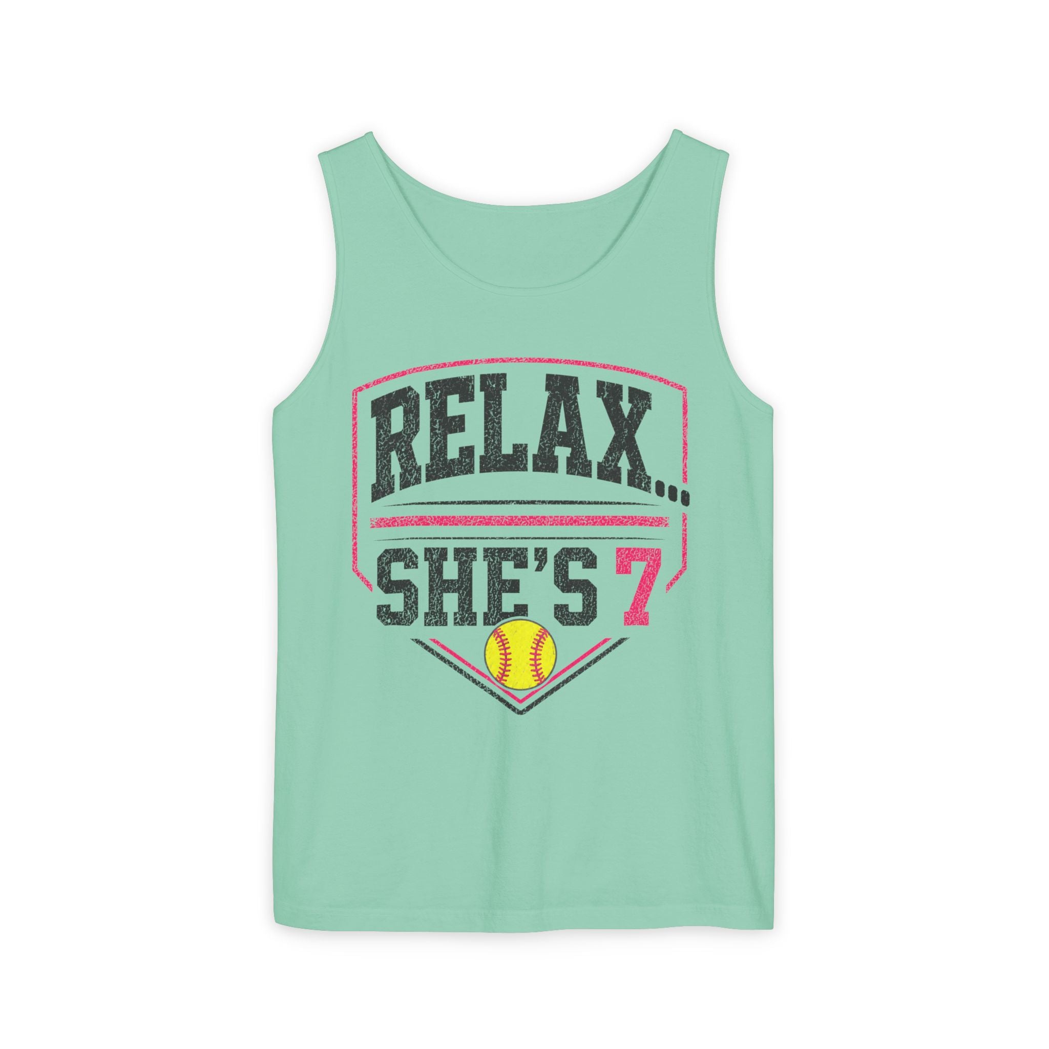 "Relax... She's 7" Softball Tank Top — Graphic Tank