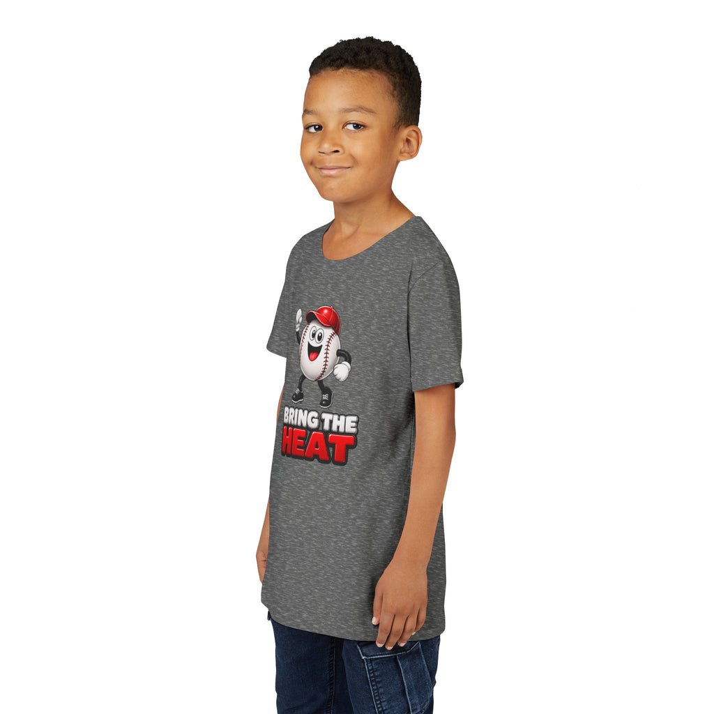 Heater "Bring The Heat" Youth Tee — Cute Baseball Mascot Kids Shirt