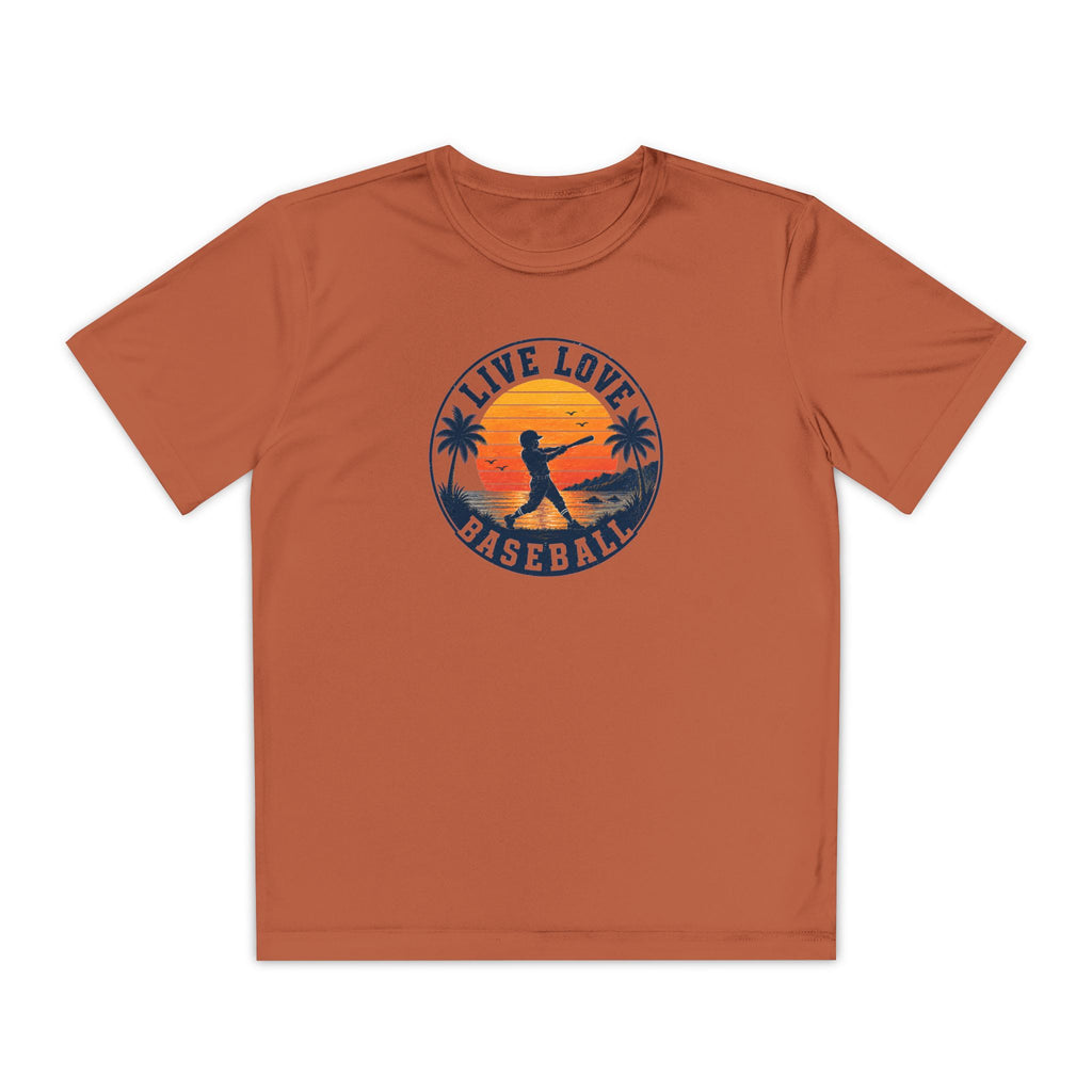 Live Love Baseball Youth Dri Fit Tee — Sunset Palm Baseball Player Shirt
