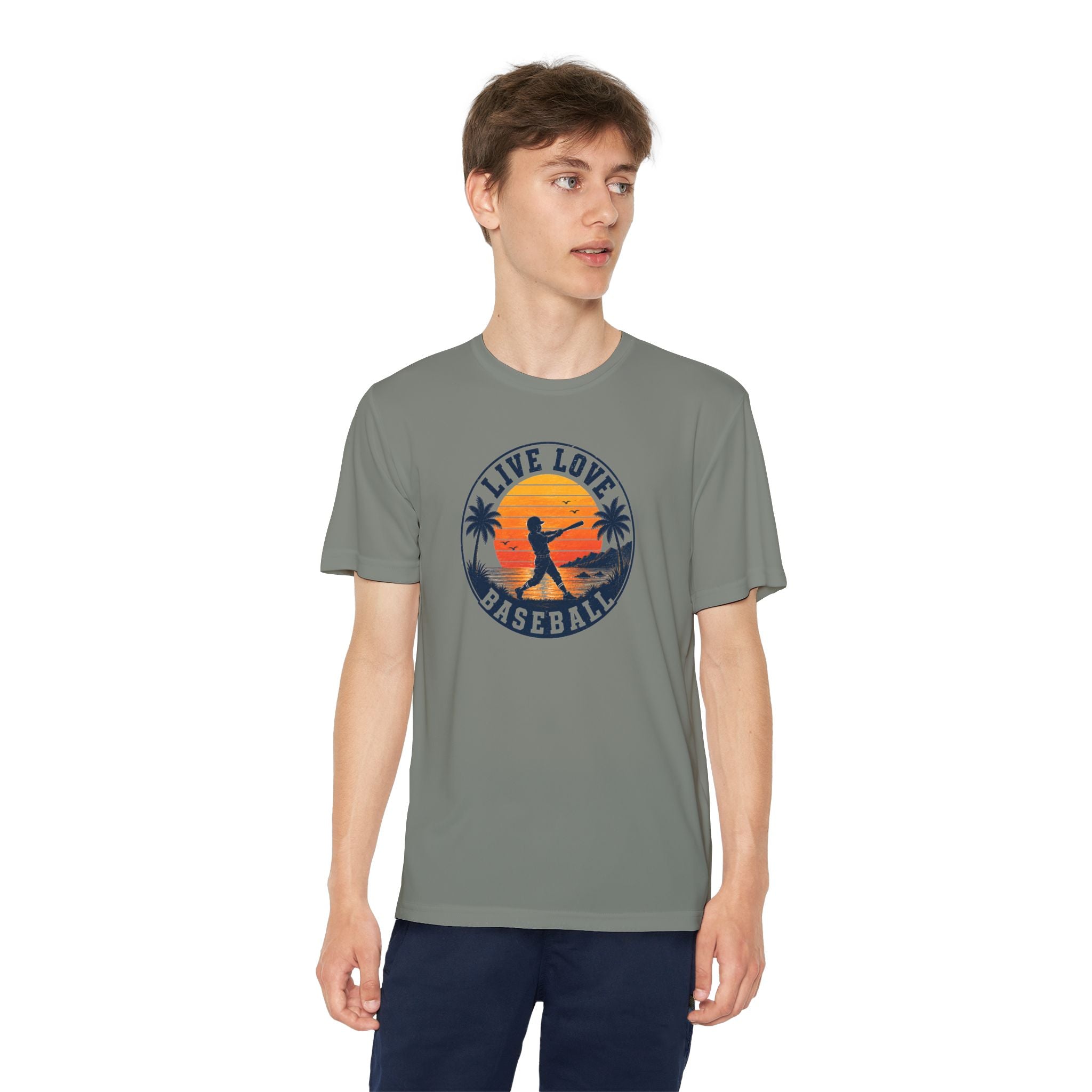 Live Love Baseball Youth Dri Fit Tee — Sunset Palm Baseball Player Shirt