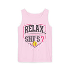 "Relax... She's 7" Softball Tank Top — Graphic Tank