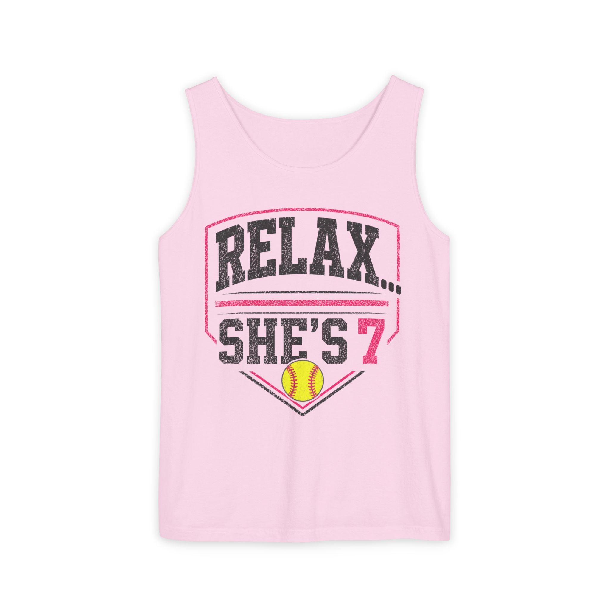 "Relax... She's 7" Softball Tank Top — Graphic Tank
