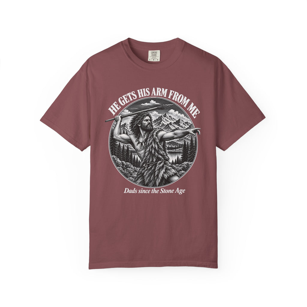 He Gets His Arm From Me Caveman Adult T-Shirt