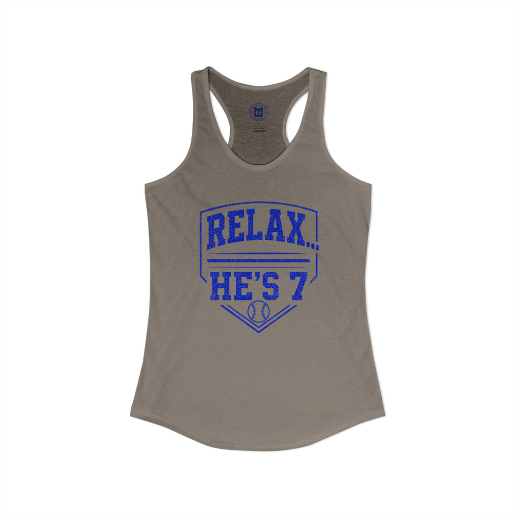 Relax He's 7 Baseball Mom Racerback Tank - Blue