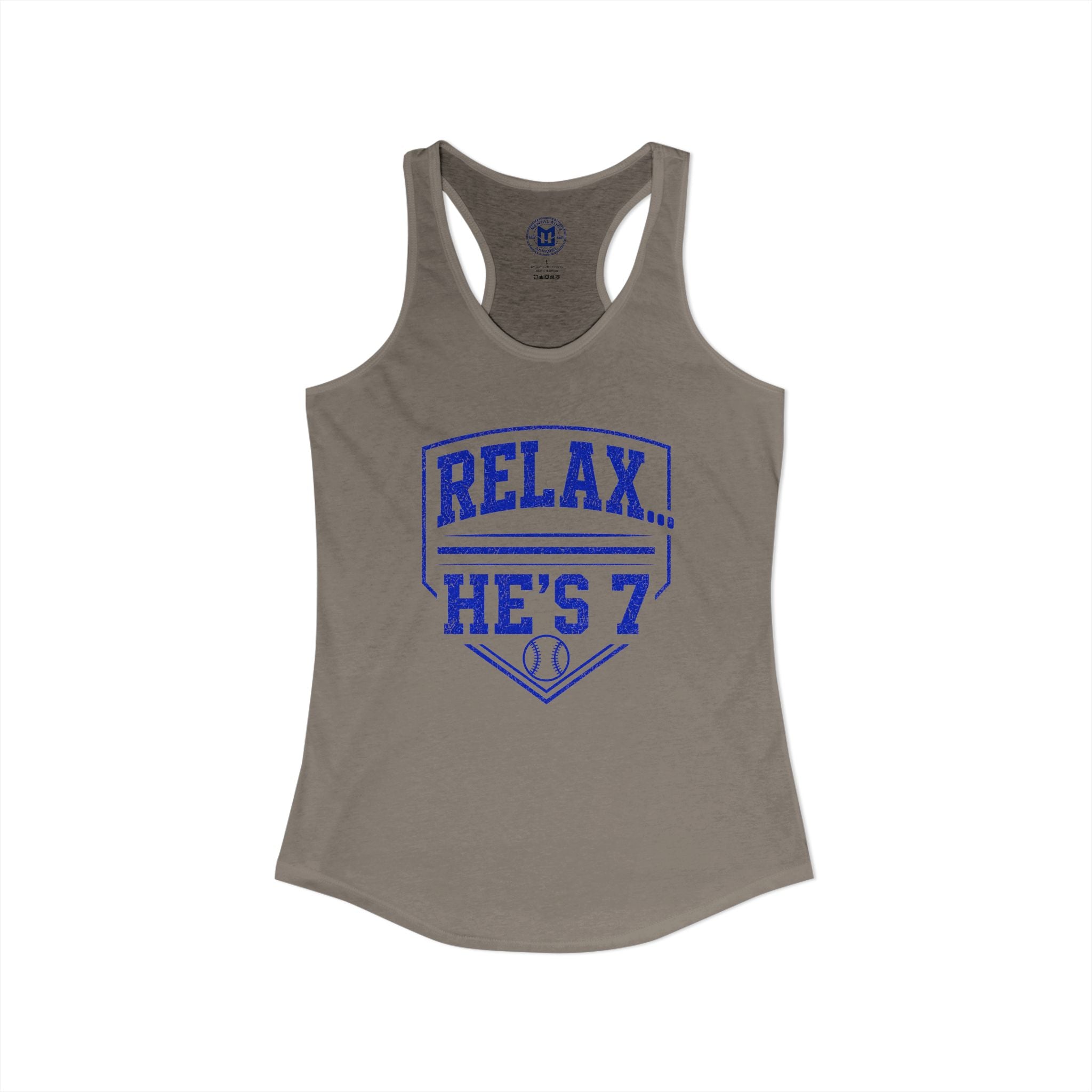 Relax He's 7 Baseball Mom Racerback Tank - Blue