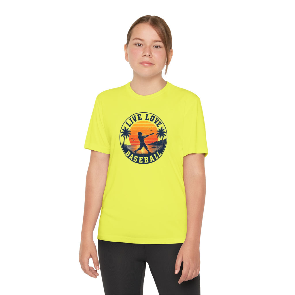 Live Love Baseball Youth Dri Fit Tee — Sunset Palm Baseball Player Shirt