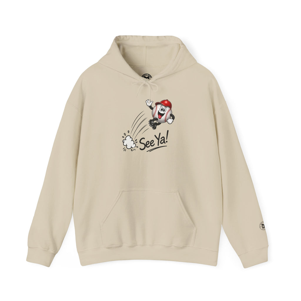 See Ya! Baseball Heater Character Hoodie — Retro Baseball Graphic Pullover