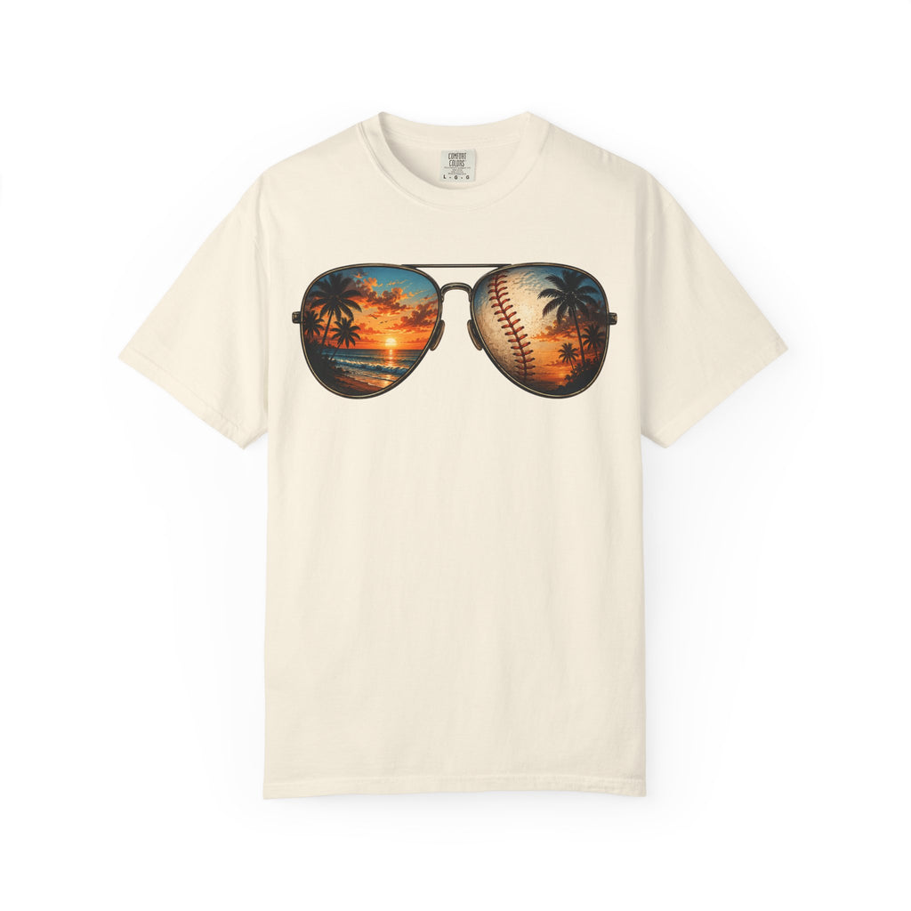 Sunglass Sunset Baseball T-Shirt — Beach & Sports Graphic Tee