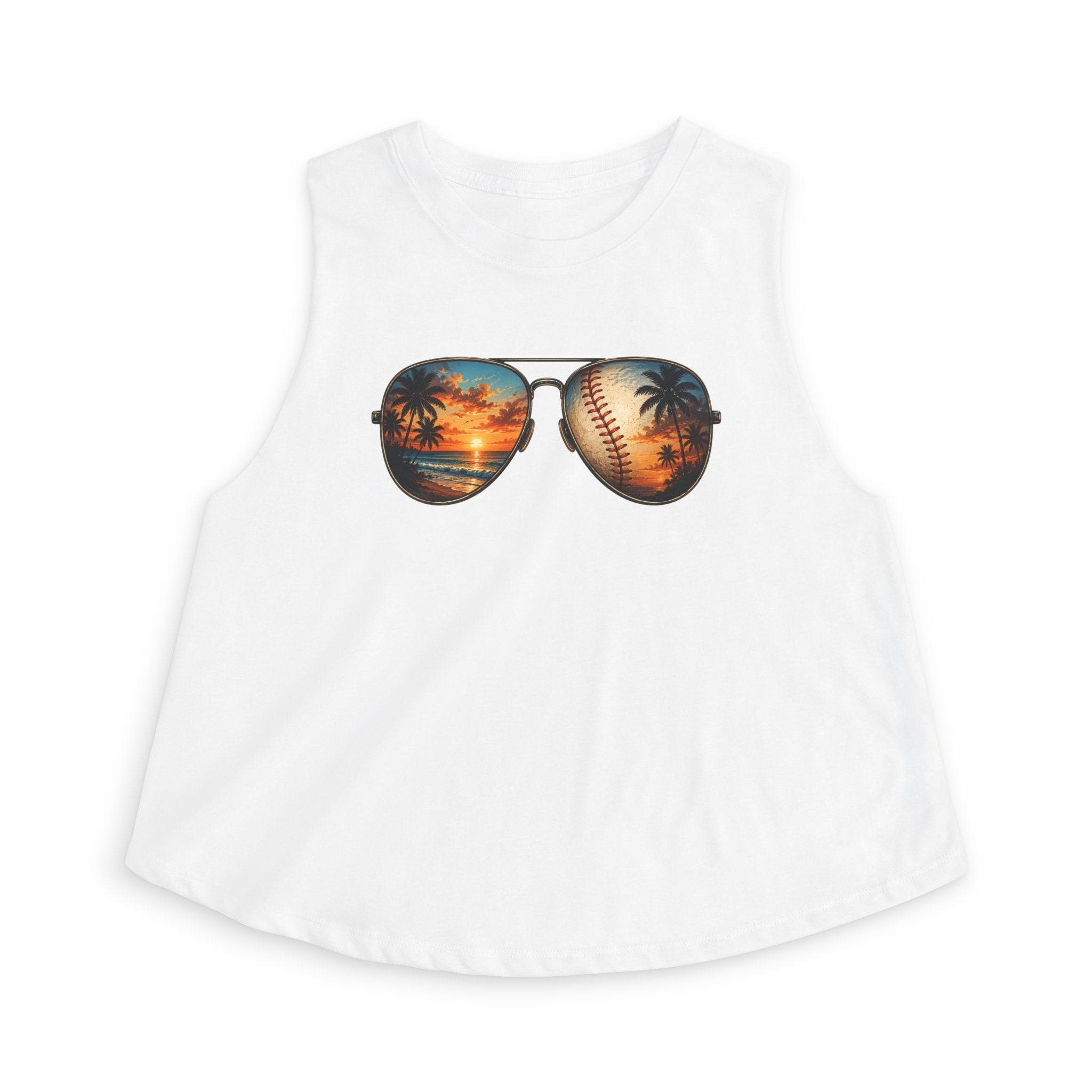 Baseball & Beach Sunglasses Crop Top — Summer Sunset Sports Graphic