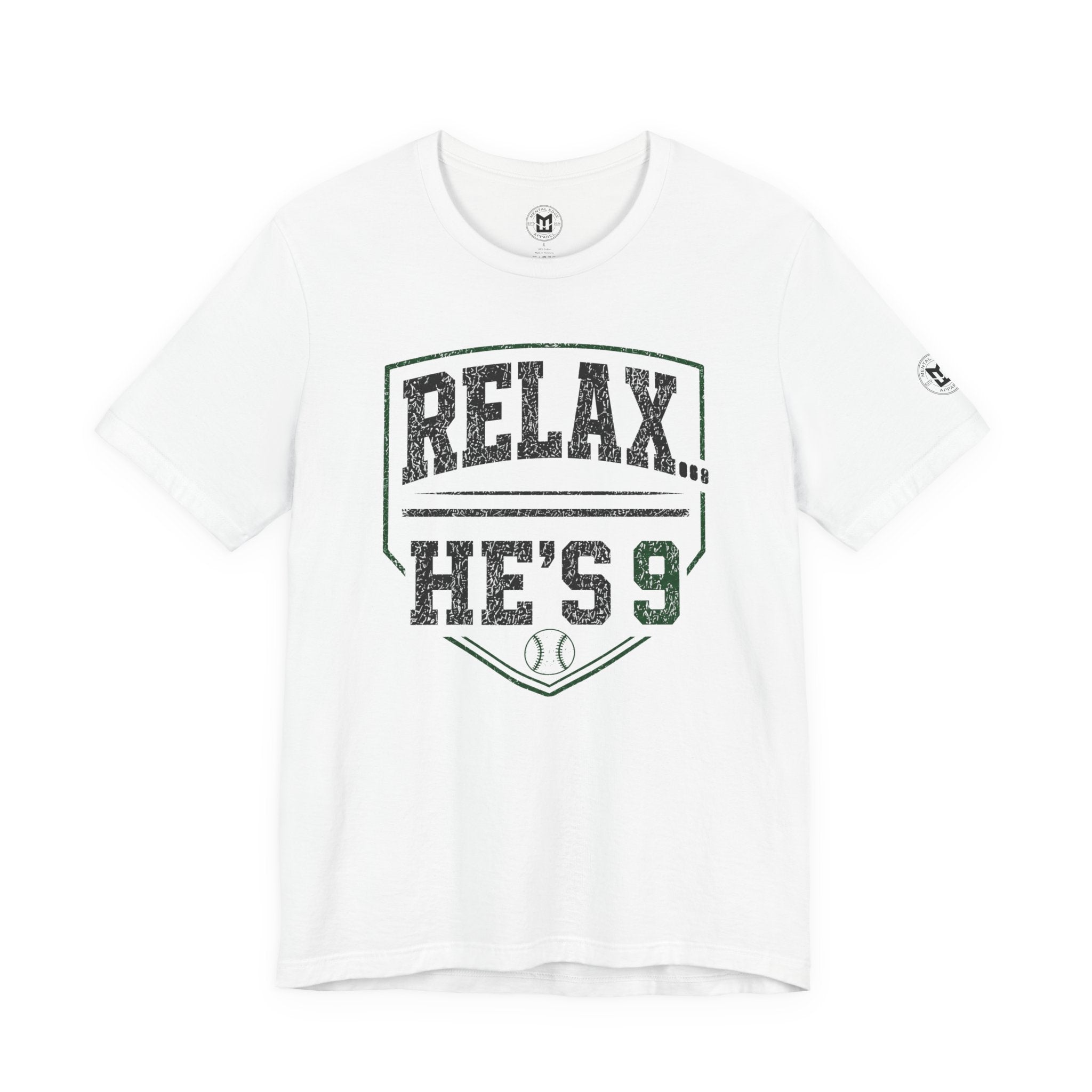 Relax He’s 9 Baseball Parent Tee — Hunter Green